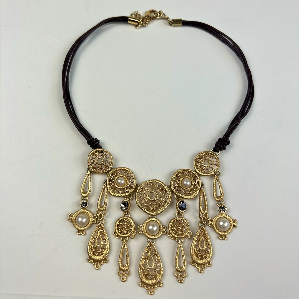 Gold boho faux leather necklace